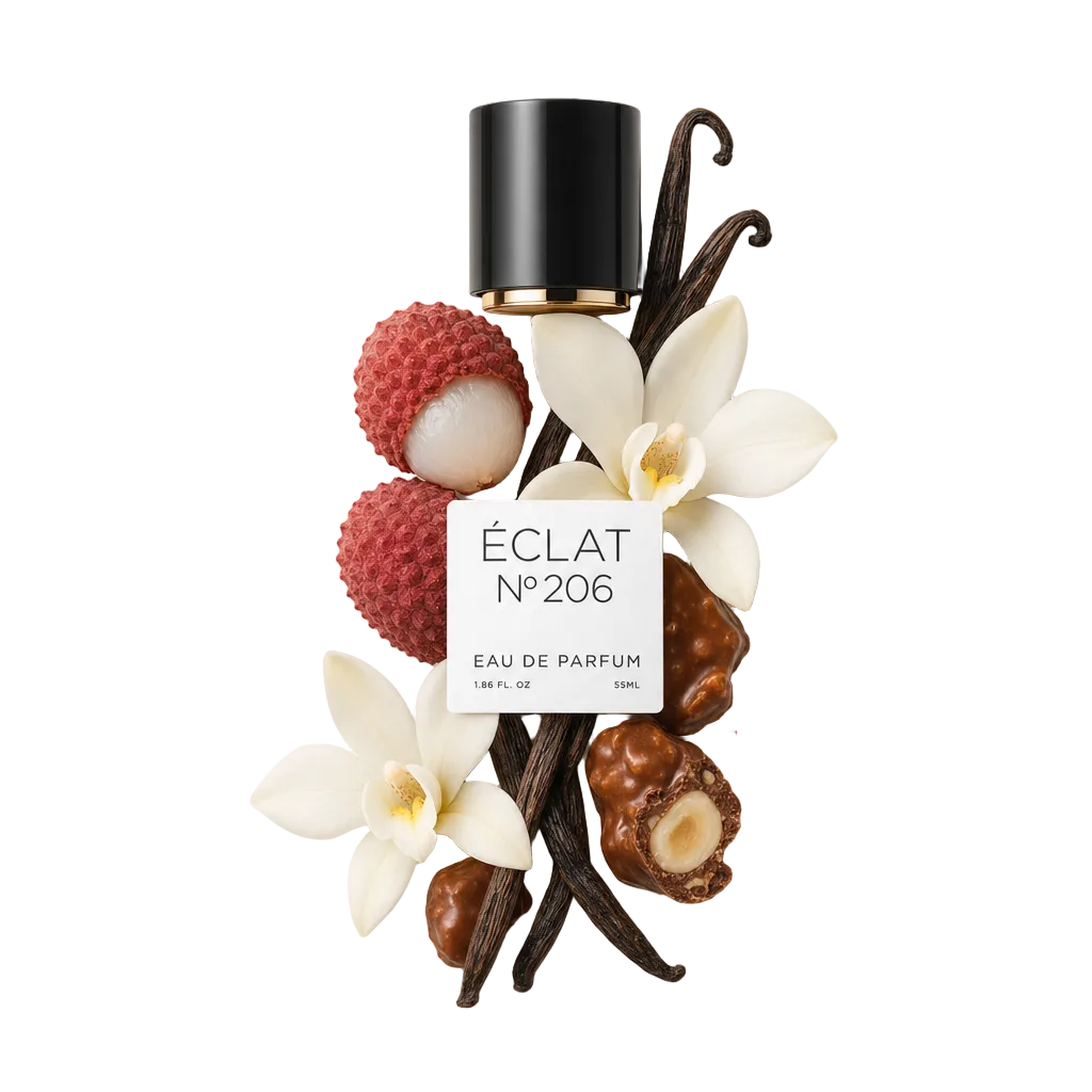 Aranżacja z liczi, kwiatów wanilii i praliny otacza czarną nakrętkę ÉCLAT Lychee & Praline z etykietą.