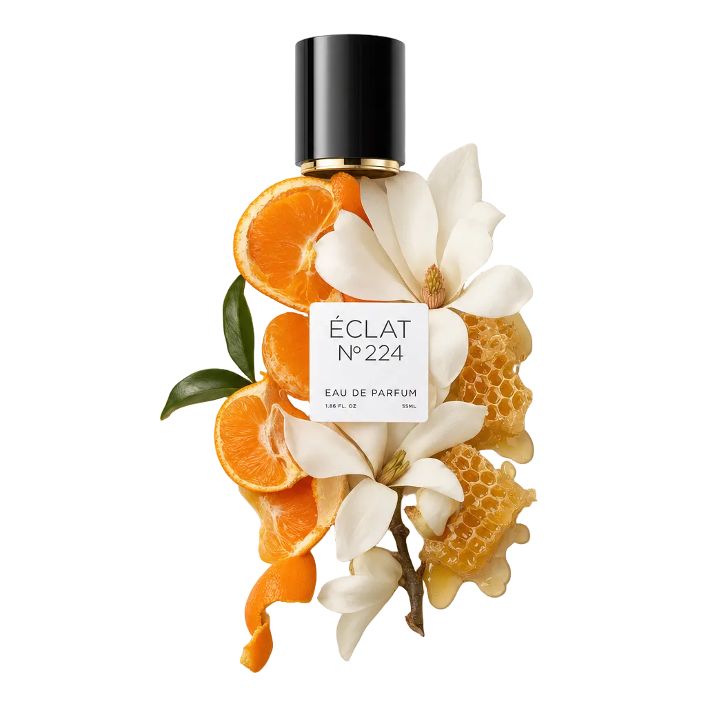 Kompozycja z kwiatów magnolii, plastra miodu i plasterków pomarańczy otacza czarną nakrętkę z etykietą ÉCLAT Magnolia & Honey.