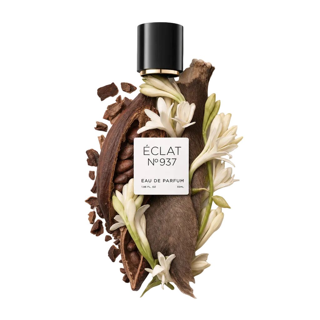 Kompozycja z łupin kakao, białych kwiatów i teksturowanego brązowego materiału otacza czarną nakrętkę z etykietą ÉCLAT Musky Dark Chocolate.