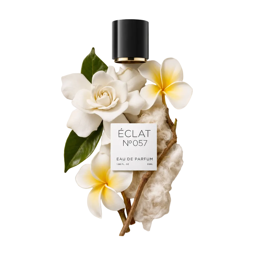 Martwa natura z przedstawionymi składnikami ÉCLAT Musky Gardenia: kwiatami gardenii i frangipani, liśćmi i drewnianą gałązką ułożonymi wokół czarnej nakrętki z etykietą.
