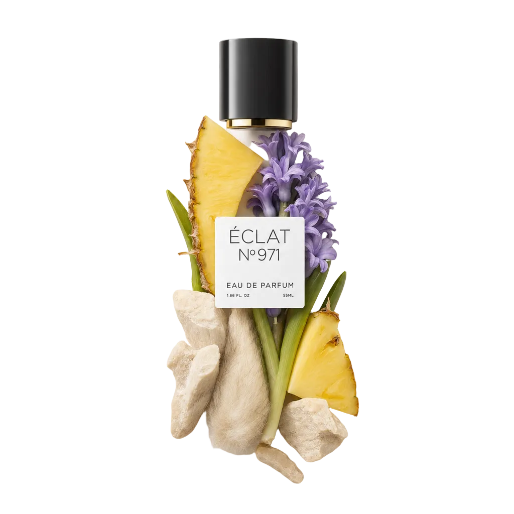 Ułożenie z plasterków ananasa, fioletowego hiacynta i ziemistych korzeni otacza czarną nakrętkę z etykietą ÉCLAT Musky Pineapple.