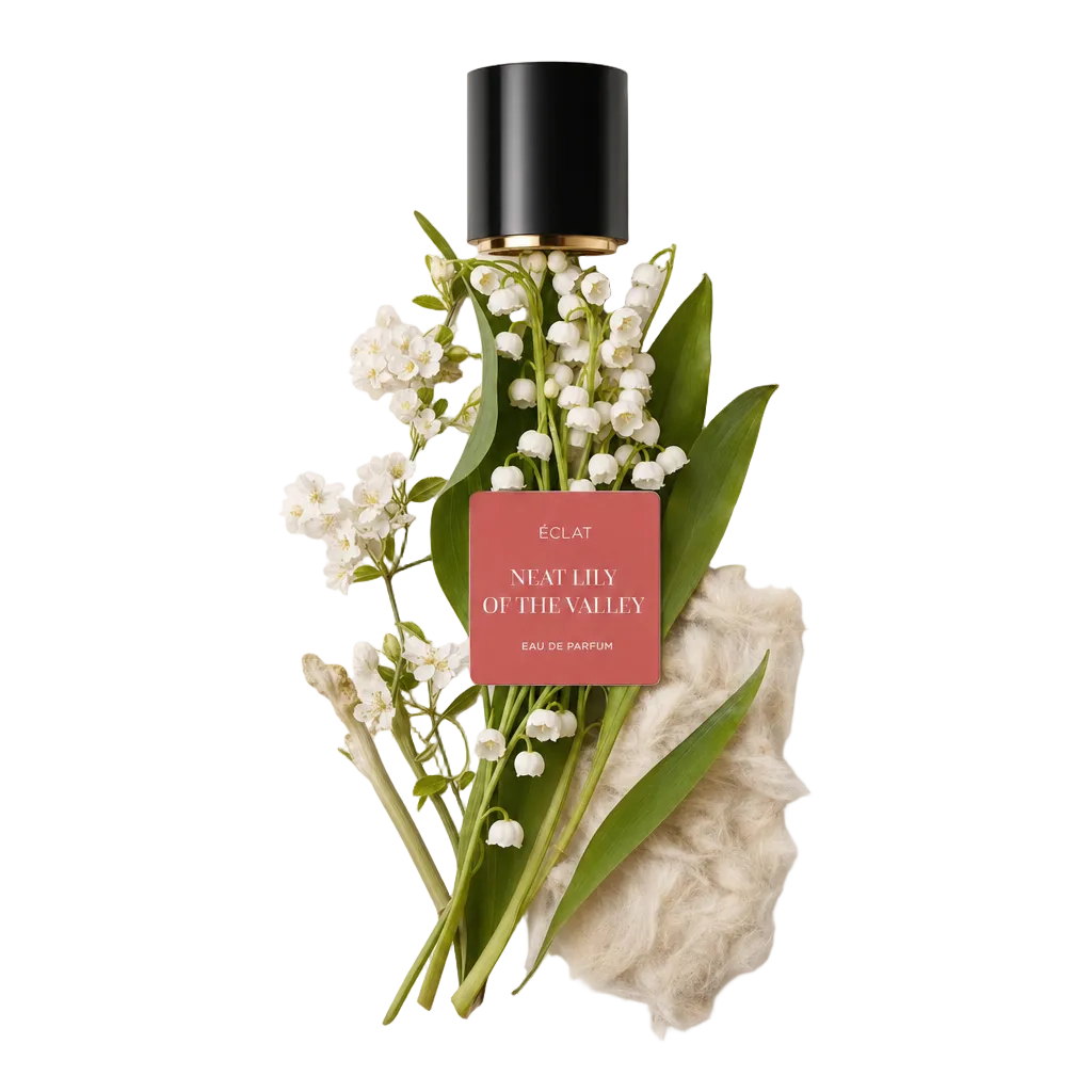 Aranżacja z konwalii i liści z czarną nakrętką z etykietą ÉCLAT Neat Lily of the Valley, umieszczona na miękkim tle.