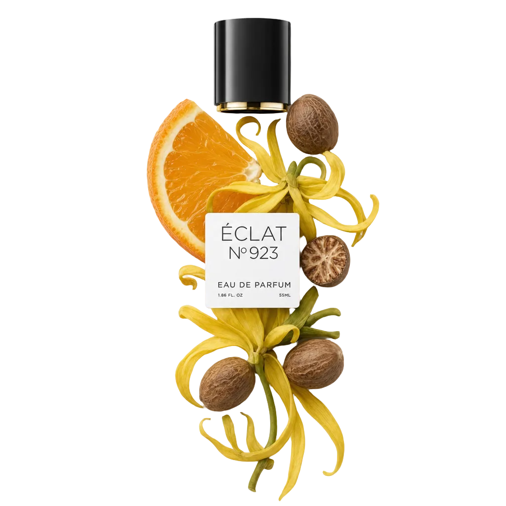 Kompozycja z gałki muszkatołowej, kwiatów ylang-ylang i plasterka pomarańczy otacza etykietę ÉCLAT oraz czarną nakrętkę ze złotym pierścieniem.