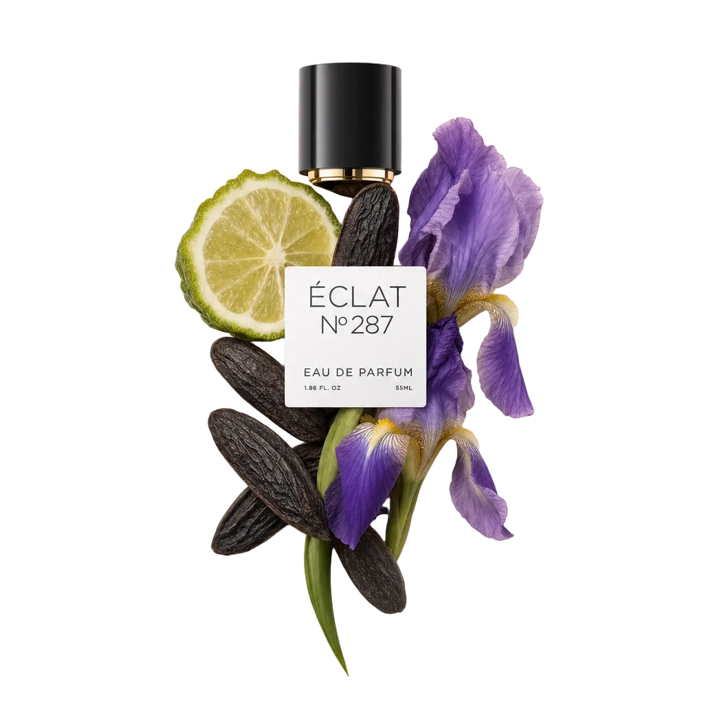 Kompozycja składników perfum dla ÉCLAT Oriental Iris z plasterkiem limonki, tonkowcem i kwiatami fioletowego irysa, z czarną nakrętką i etykietą.
