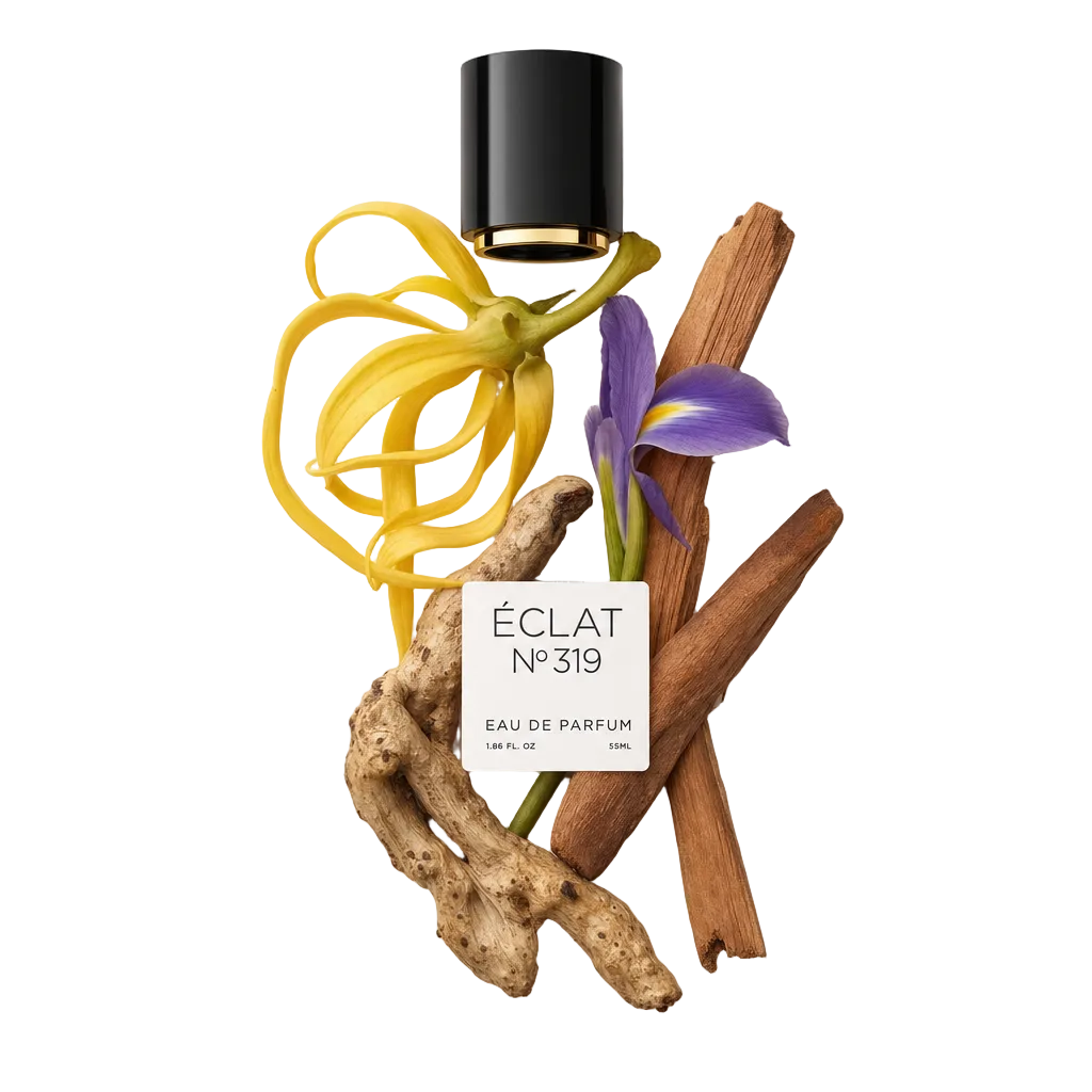 Kompozycja z płatków ylang-ylang, fioletowego irysa, kawałków drzewa sandałowego i korzenia, z czarną nakrętką oznaczoną ÉCLAT Oriental Sandalwood.