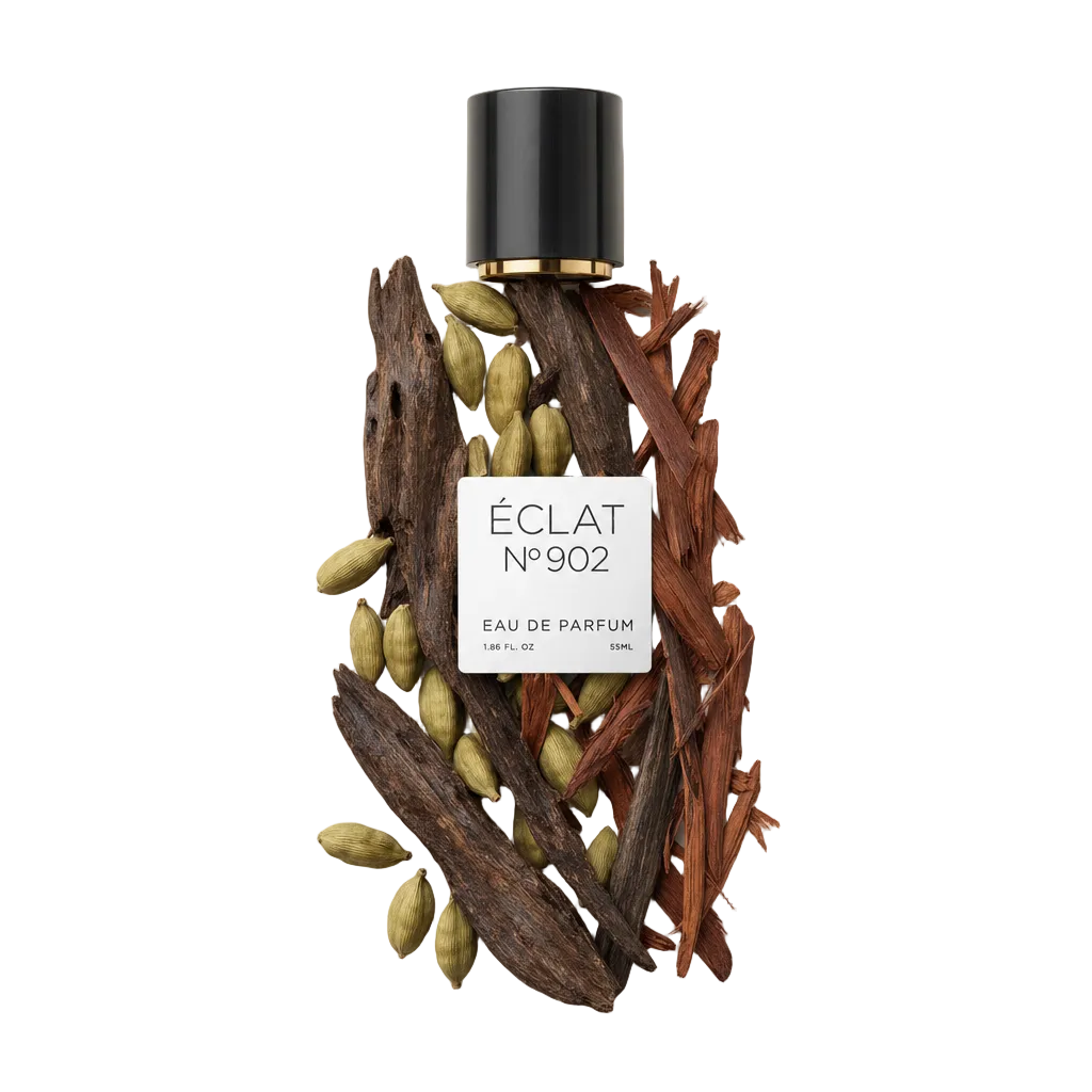 Kompozycja z drzewa różanego i kardamonu otacza czarną nakrętkę z etykietą, reprezentując ÉCLAT VIP - Oud & Rosewood.