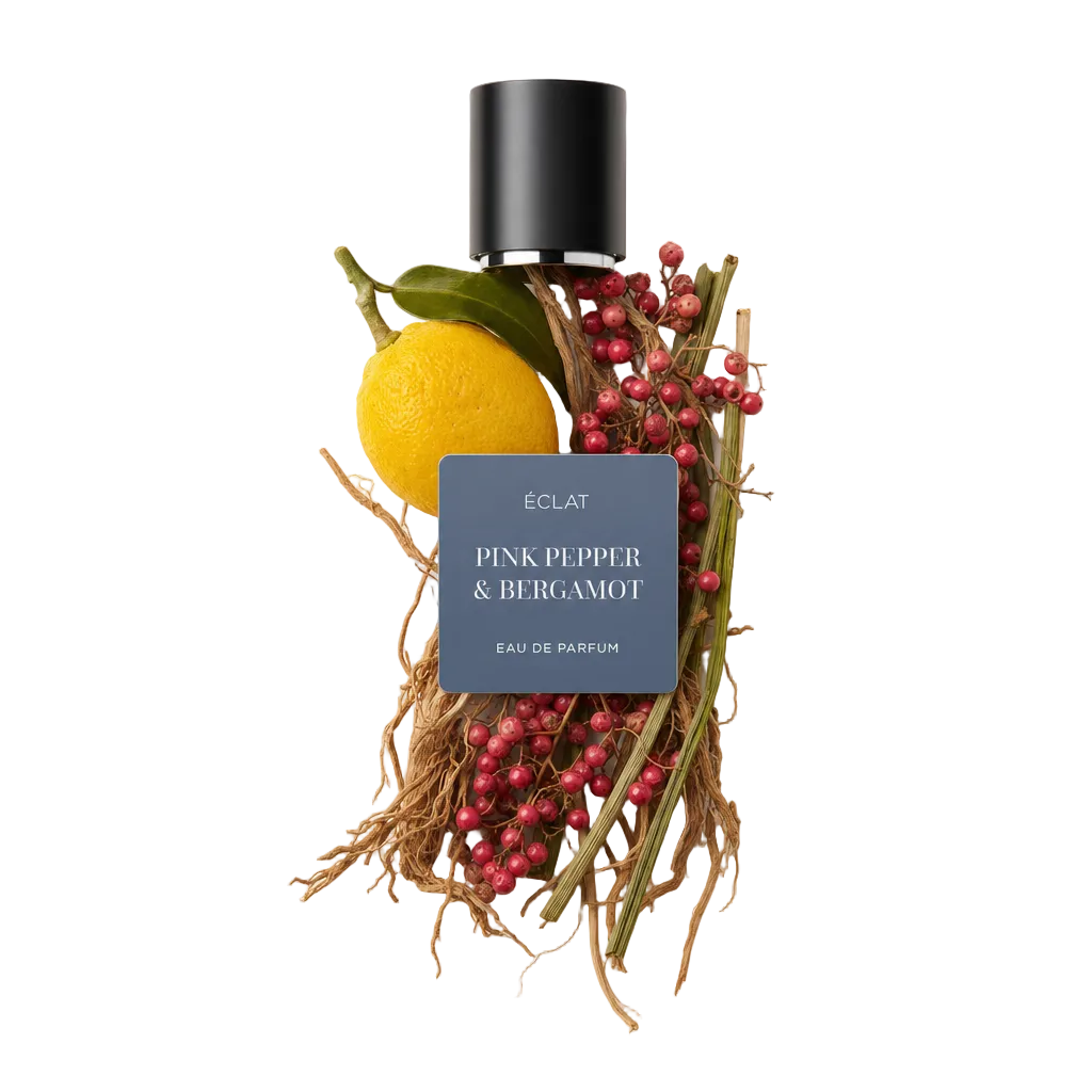 Aranżacja jagód różowego pieprzu, żółtej bergamotki i suszonej trawy otacza czarną nakrętkę z etykietą ÉCLAT Pink Pepper & Bergamot.