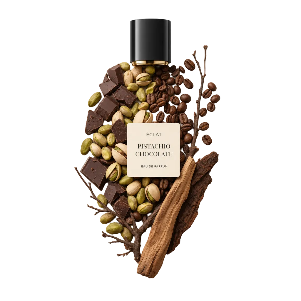 Aranżacja kawałków czekolady, pistacji, ziaren kawy i drewna, z czarną nakrętką i etykietą ÉCLAT Pistachio Chocolate na górze.