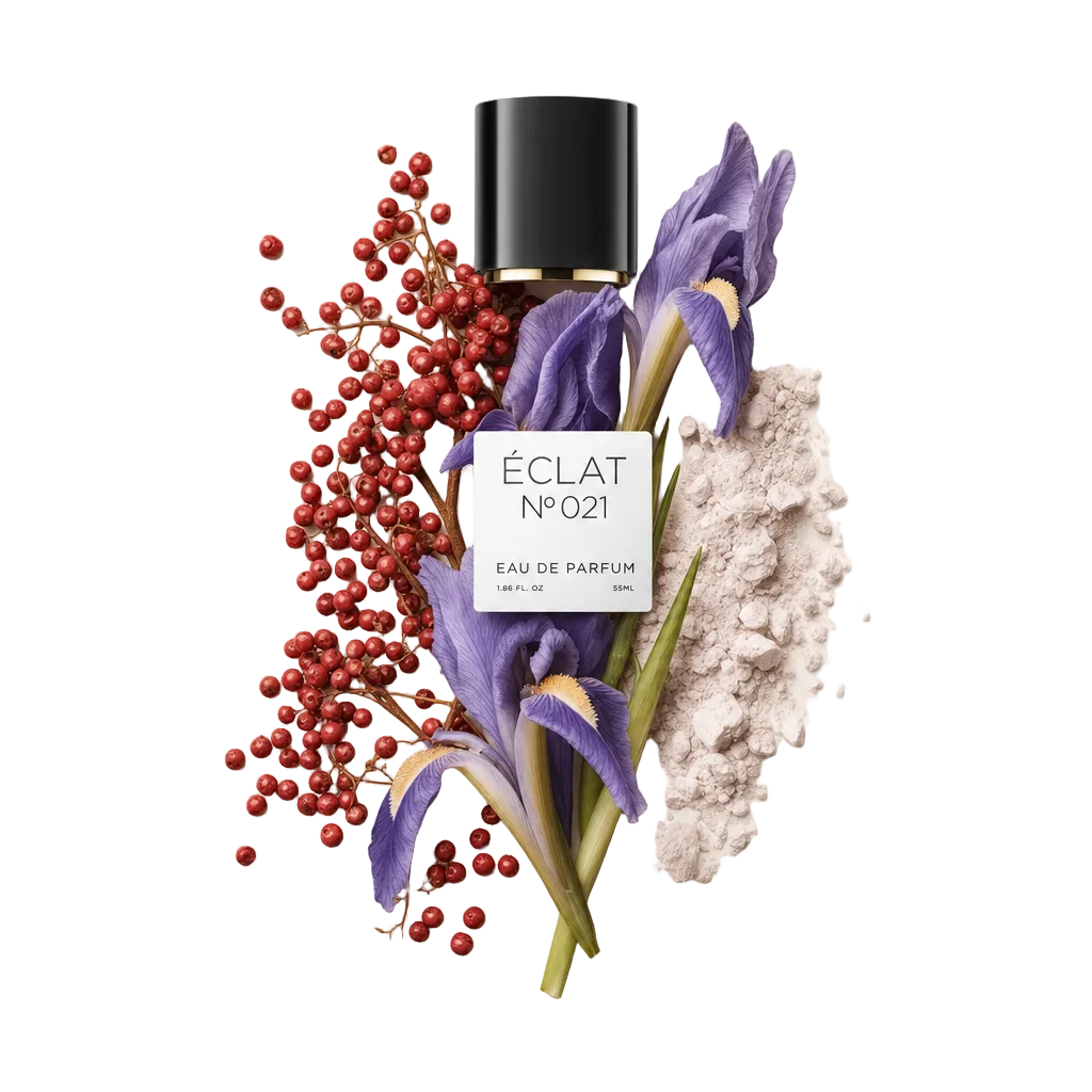 Aranżacja żywych fioletowych kwiatów, różowych ziaren pieprzu i delikatnego pudru z czarną nakrętką, na której widnieje etykieta ÉCLAT Purple Flowers & Powder.
