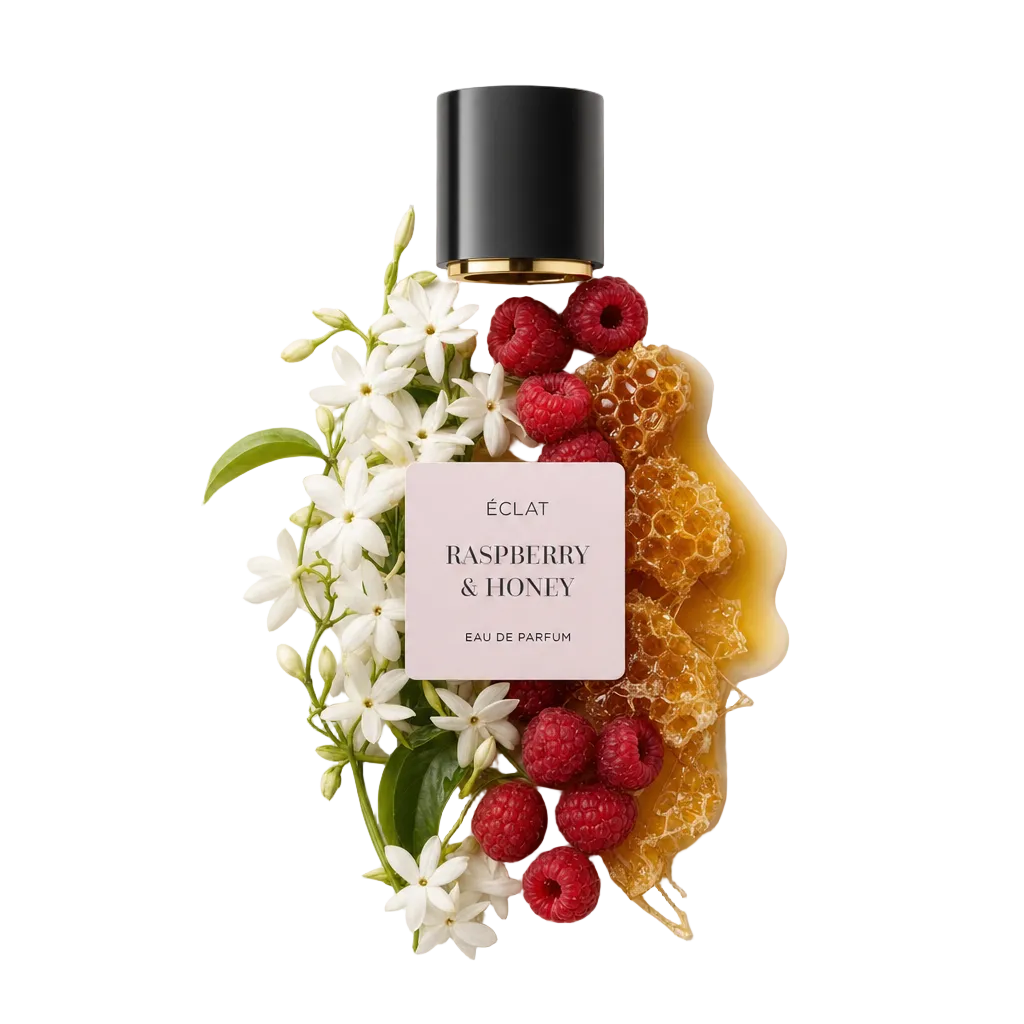Eleganckie ułożenie świeżych malin, plastra miodu i kwiatów jaśminu otacza czarną nasadkę z etykietą ÉCLAT Raspberry & Honey.