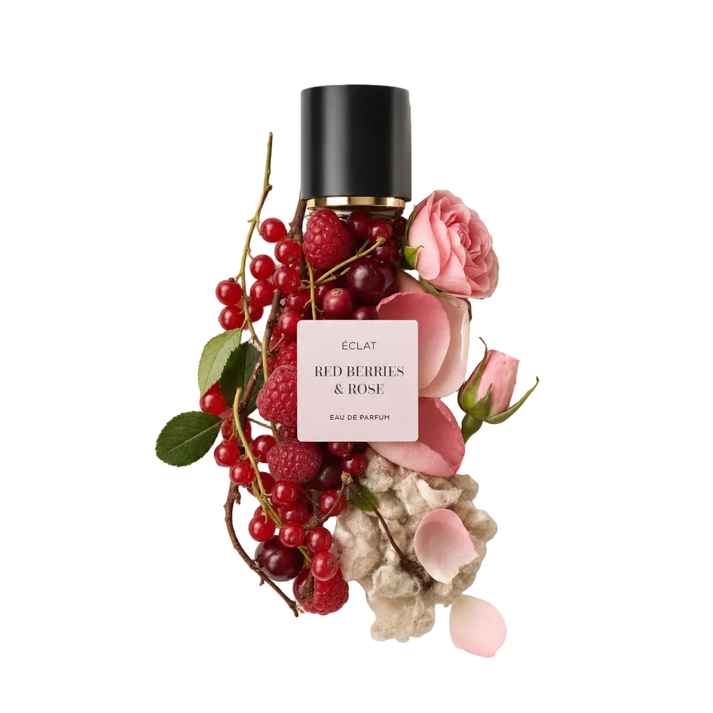 Kompozycja z czerwonych jagód, malin i różowych róż otacza czarną nakrętkę z etykietą ÉCLAT Red Berries & Rose.