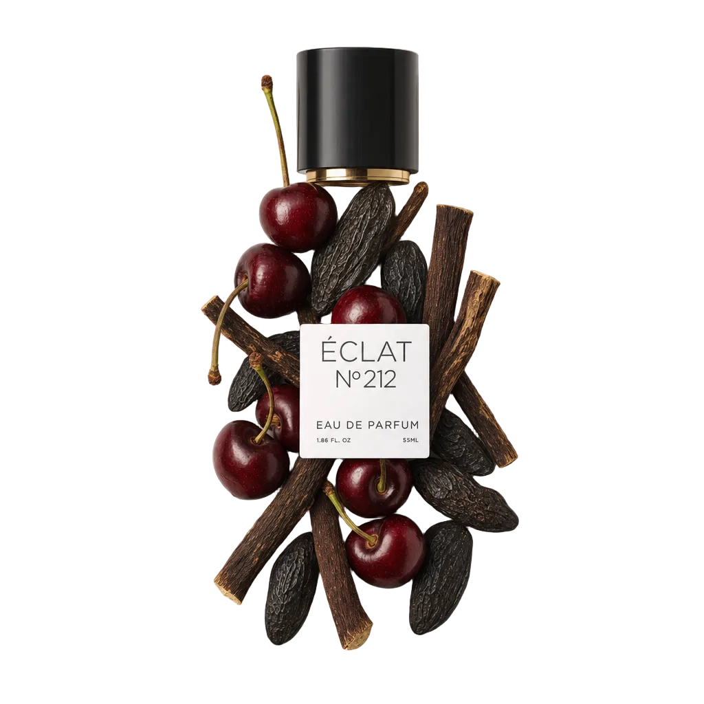 Kompozycja złożona ze świeżych wiśni i strąków wanilii otacza czarną nakrętkę ze złotym akcentem, z etykietą ÉCLAT Rose & Cherry.