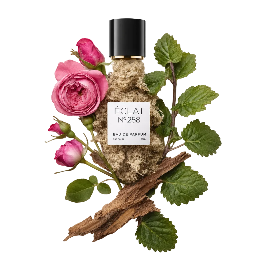 Ręcznie ułożona kompozycja ze świeżych róż, miękkiego mchu i elementów drewnianych, z czarną nakrętką i etykietą ÉCLAT Rose, Musc & Woods na górze.