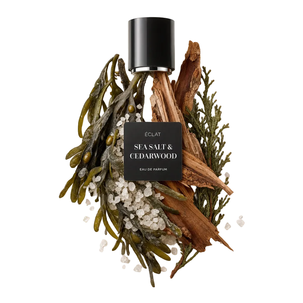 Kompozycja z wodorostów, kryształków soli, drewna cedrowego i zielonych gałązek otacza czarną nakrętkę z etykietą ÉCLAT Sea Salt & Cedarwood.