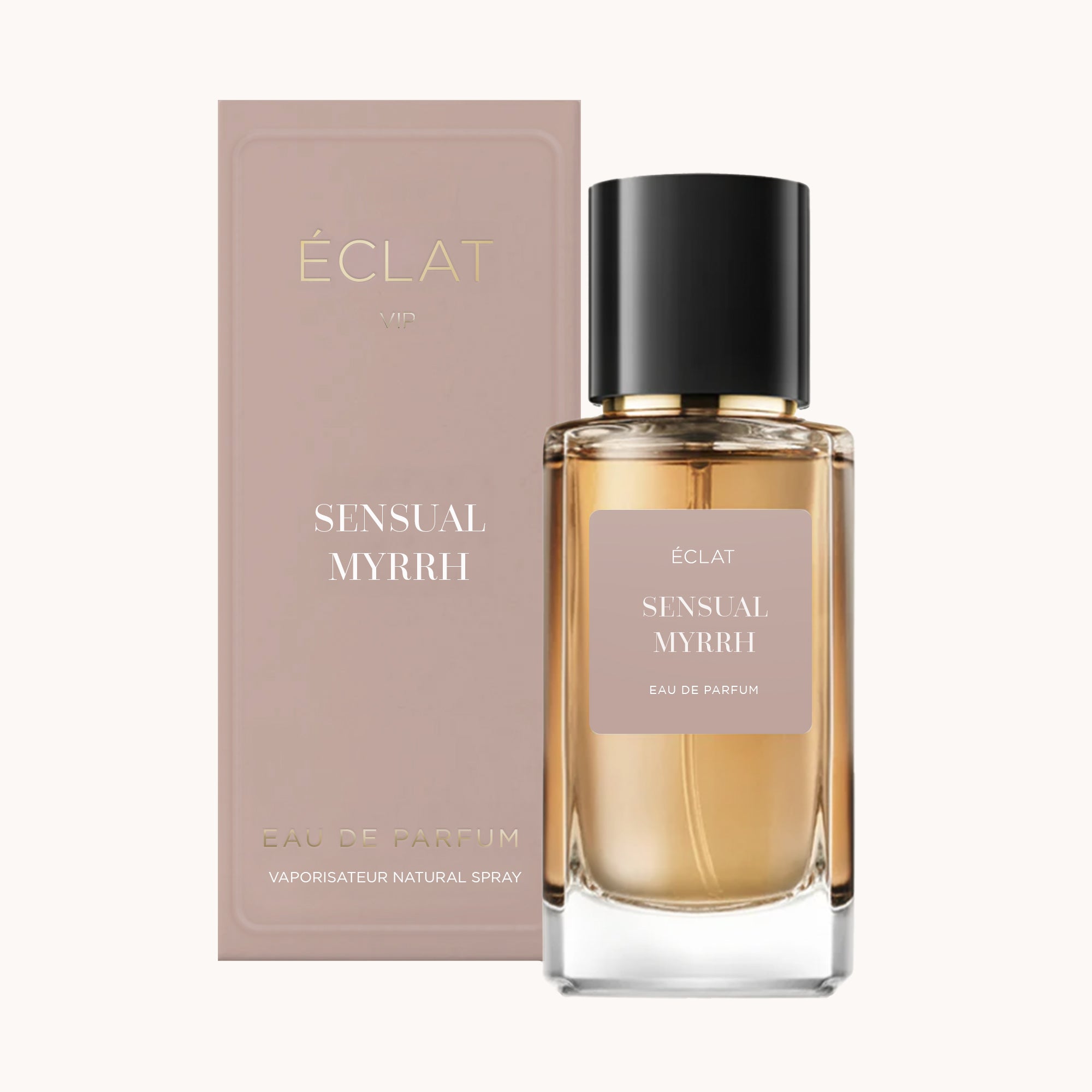 Flakon perfum ÉCLAT Sensual Myrrh z elegancką nasadką stoi obok eleganckiego, matowego pudełka w kolorze taupe.