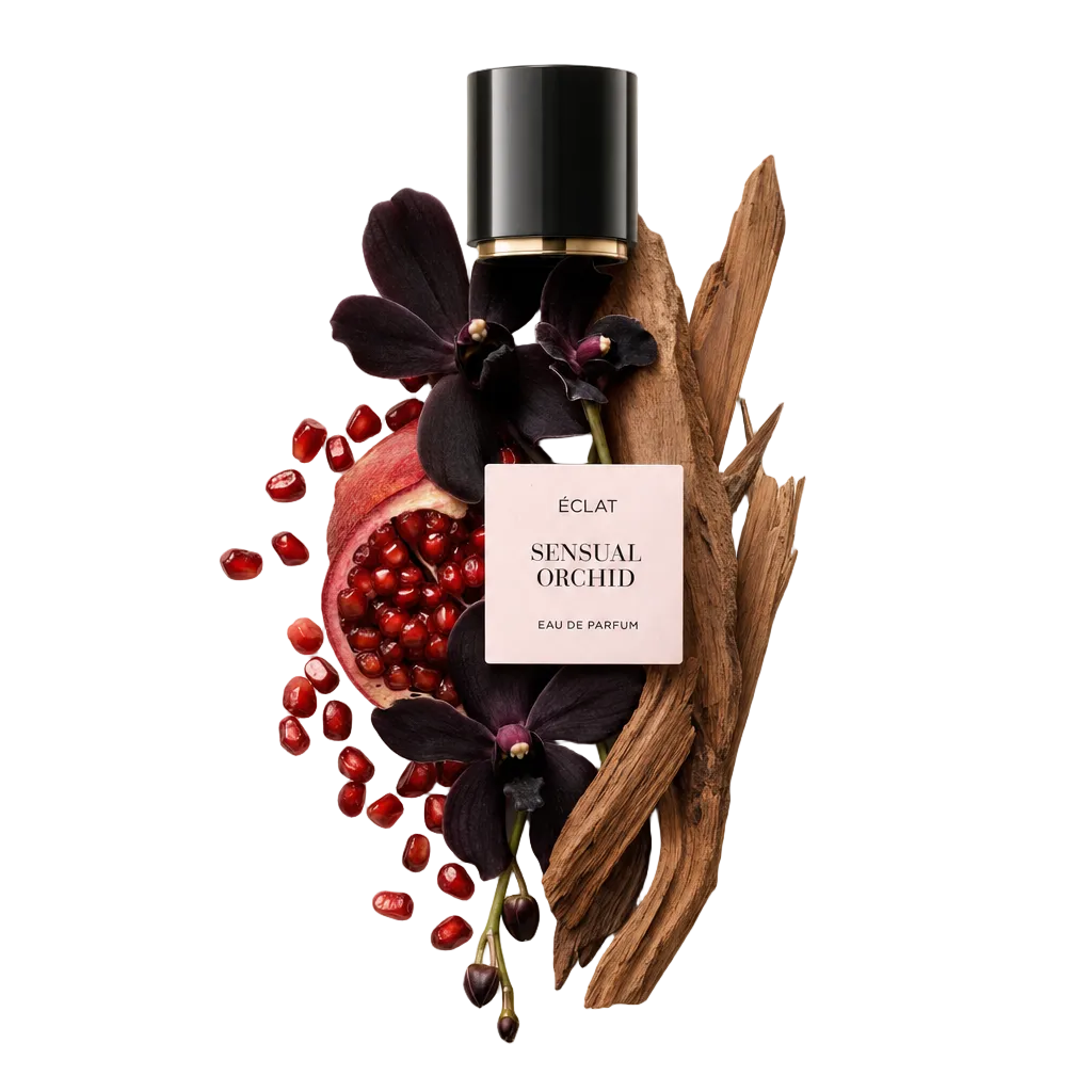 Kompozycja z nasion granatu, ciemnych kwiatów orchidei i drewnianych patyczków otacza oryginalną czarną nasadkę ÉCLAT Sensual Orchid z etykietą.
