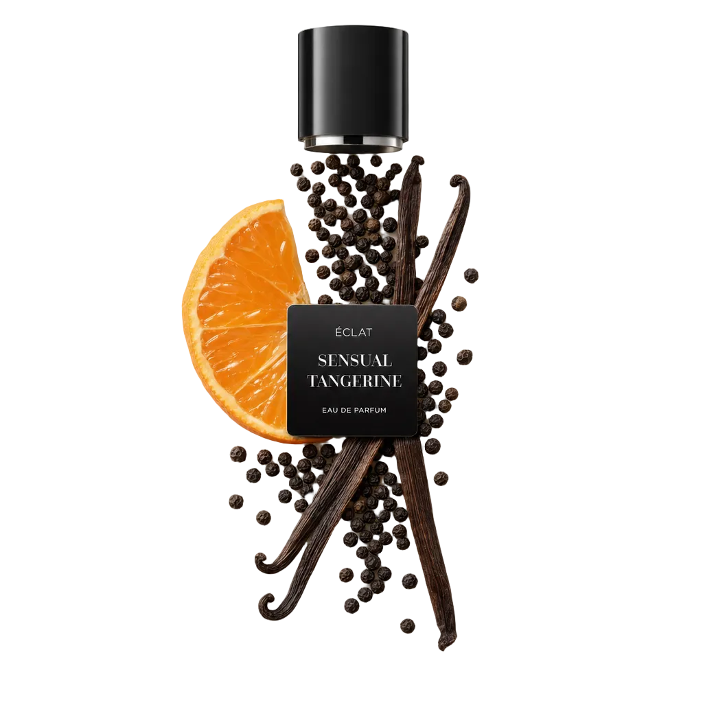 Ręcznie ułożona martwa natura z plasterkiem mandarynki, strąkami wanilii i ziarenkami pieprzu otacza etykietę ÉCLAT Sensual Tangerine. Na górze czarna nakrętka.