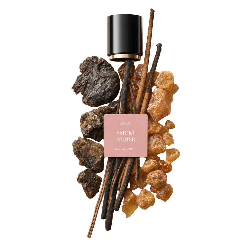 Aranżacja kawałków bursztynu, suche gałęzie drewna i ciemnej żywicy z korkiem ÉCLAT Smoky Amber w czarno-złotym wzorze.