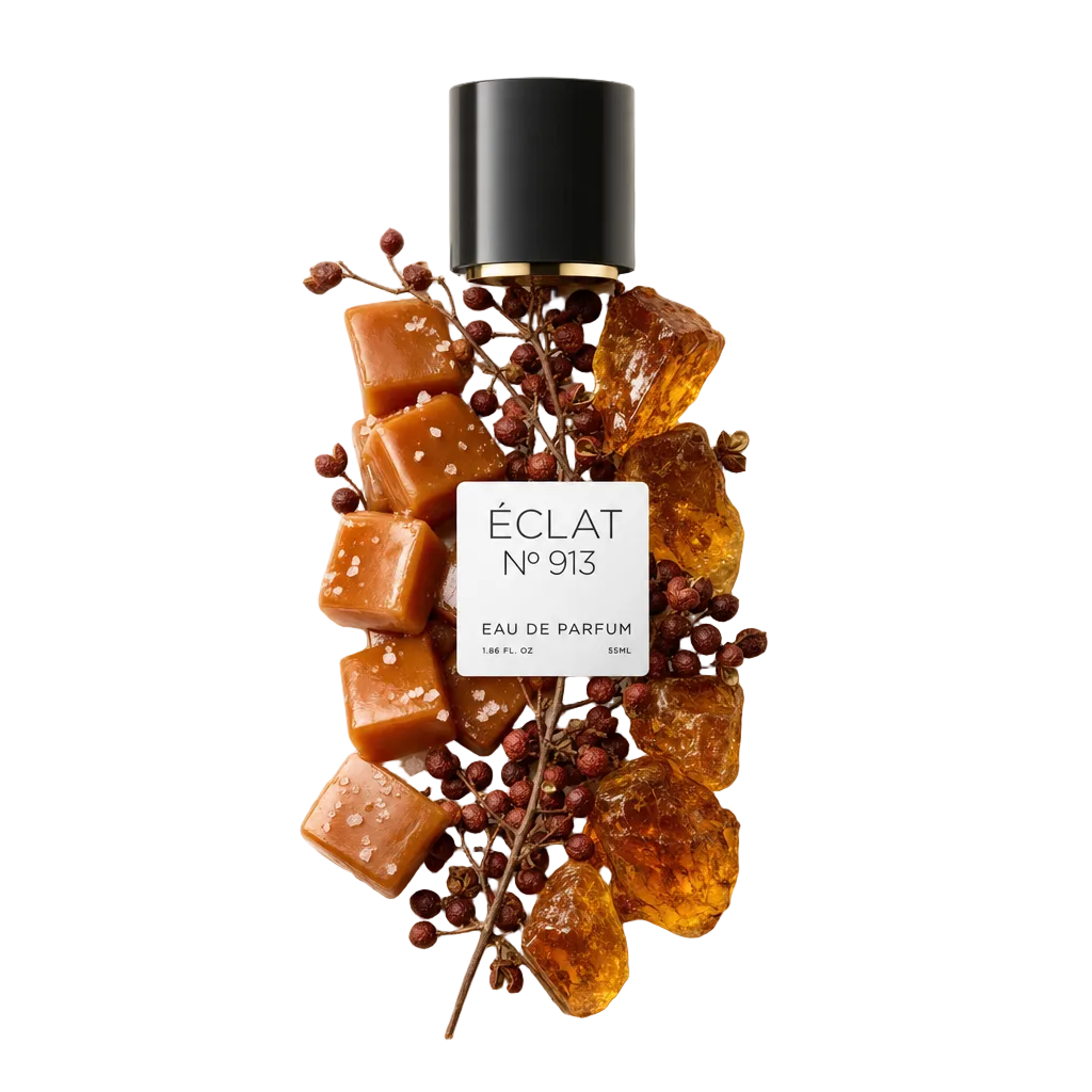 Ręcznie ułożona martwa natura z składnikami ÉCLAT Spicy Caramel z kostkami karmelu, bursztynową żywicą i jagodami pieprzu wokół czarnej nakrętki z etykietą.