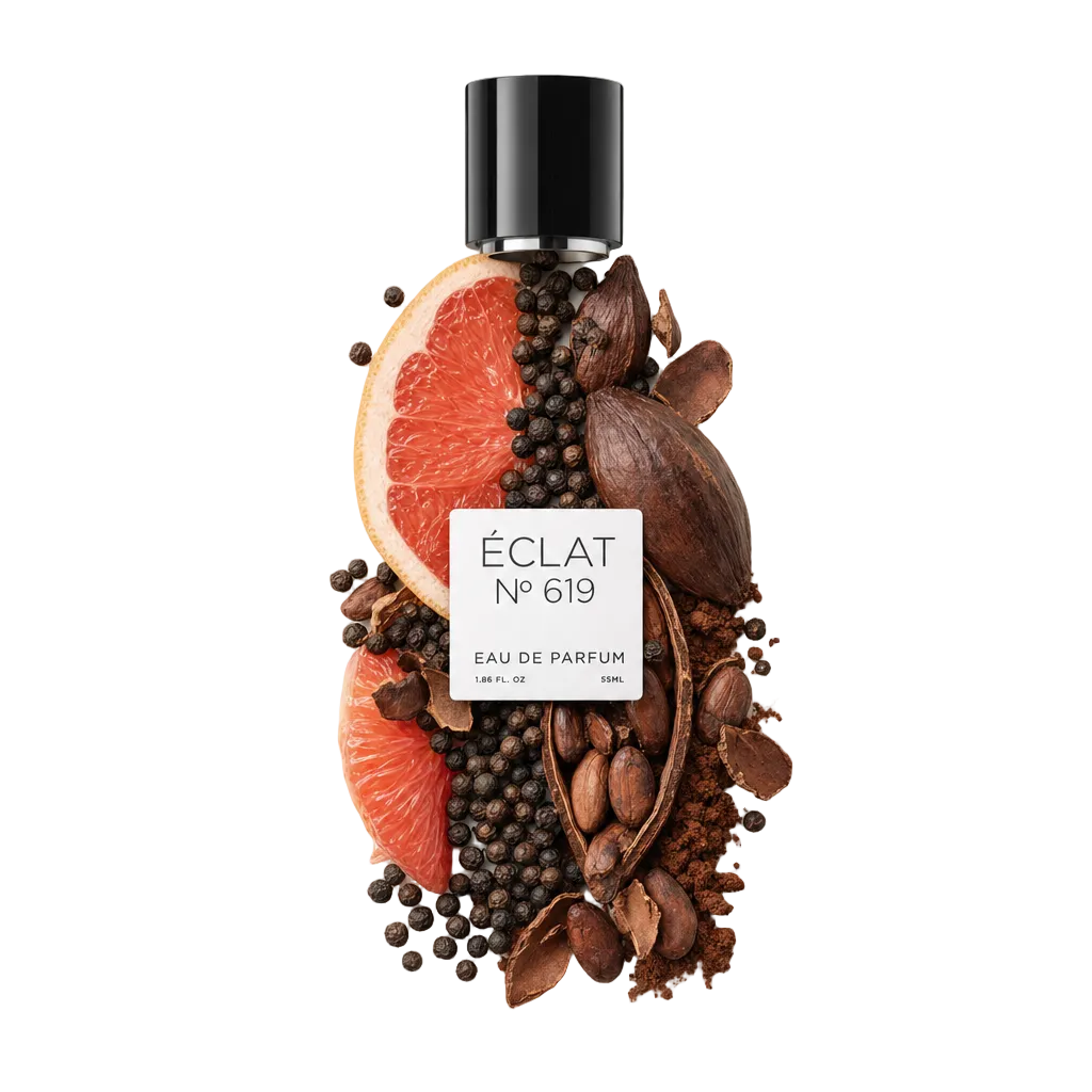 Martwa natura ÉCLAT Spicy Cocoa: plastry grejpfruta, ziarna kakao i ziarenka pieprzu rozmieszczone wokół czarnej nakrętki z etykietą.