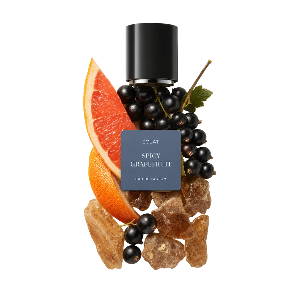 Ułożenie plasterka grejpfruta, czarnej porzeczki i kryształów bursztynu otacza czarną nakrętkę z etykietą ÉCLAT Spicy Grapefruit.