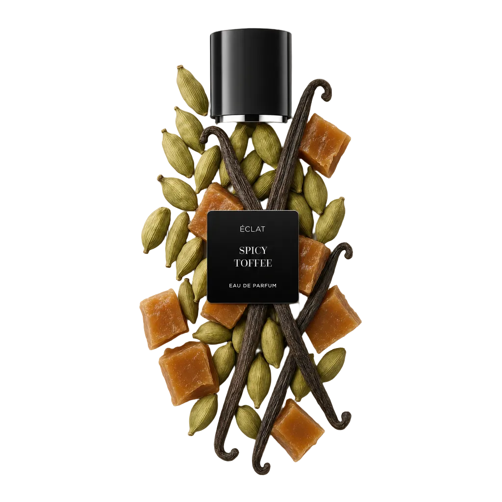 Artystyczna aranżacja strąków kardamonu, lasek wanilii i kawałków toffi otacza czarną nakrętkę z etykietą ÉCLAT Spicy Toffee Eau de Parfum.