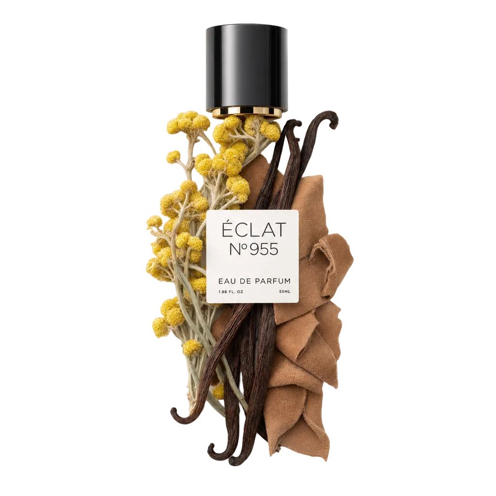 Aranżacja z żółtych kwiatów, strąków wanilii i kawałków zamszu otacza oryginalną czarną nakrętkę z etykietą ÉCLAT Suede & Vanilla.