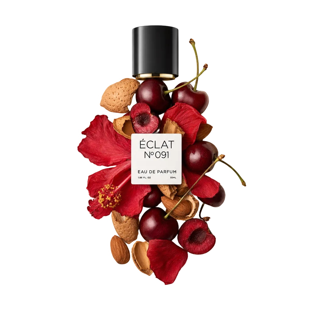 Kompozycja z wiśni, łupin migdałów i czerwonych płatków hibiskusa otacza czarną nakrętkę z etykietą ÉCLAT Sweet Amaretto.