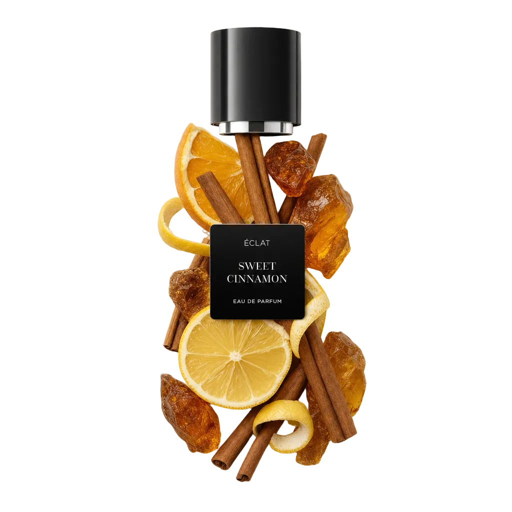 Kompozycja z lasek cynamonu, plastrów cytrusów i żywicy bursztynowej wokół czarnej nakrętki z etykietą ÉCLAT Sweet Cinnamon.