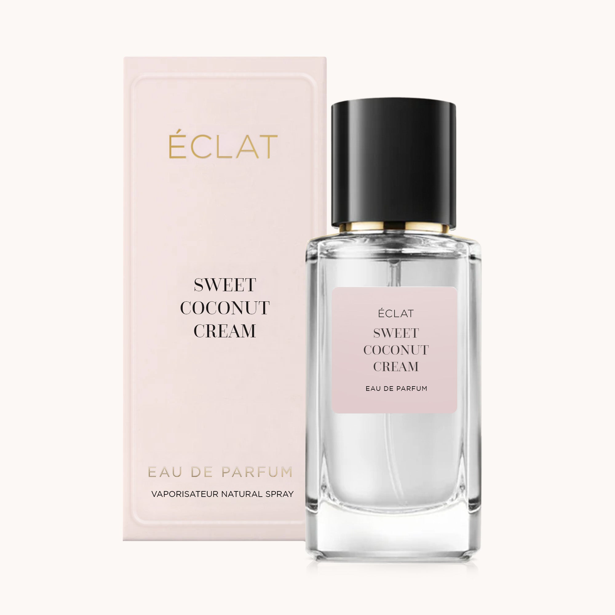 ÉCLAT Sweet Coconut Cream w fasetowanej szklanej butelce z czarną nakrętką, w towarzystwie jasnoróżowego pudełka.