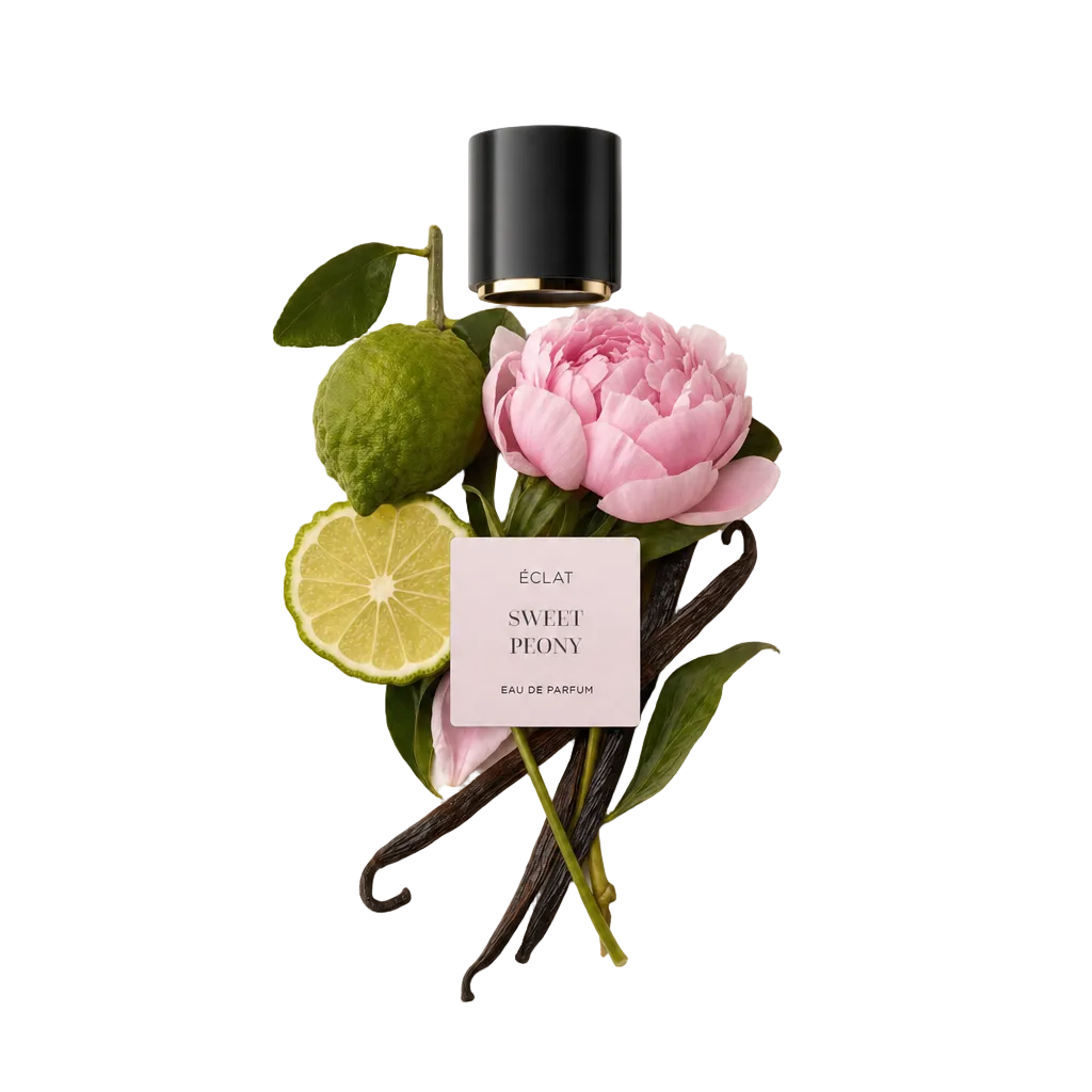 Kompozycja świeżej bergamotki, delikatnej różowej piwonii i aromatycznych strąków wanilii, obok czarnej nakrętki z etykietą ÉCLAT Sweet Peony.