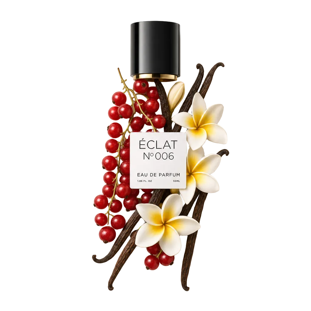 Kompozycja z czerwonych porzeczek i lasek wanilii z białymi kwiatami, zwieńczona czarną nasadką z etykietą ÉCLAT Sweet Red Currant.