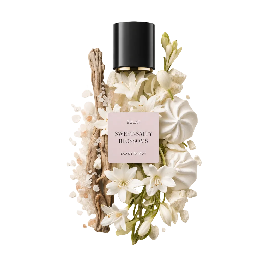 Kompozycja białych kwiatów, bez, kryształków soli i drewna dryfującego otacza czarną nakrętkę ÉCLAT Sweet-Salty Blossoms z etykietą.