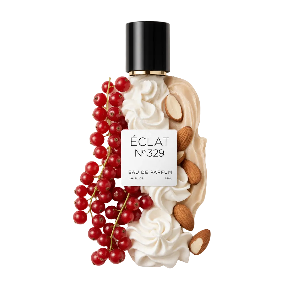 Artystyczna kompozycja z kremowych wirów, migdałów i żywych czerwonych porzeczek, otaczająca czarną nakrętkę z etykietą ÉCLAT Sweet Whipped Cream.