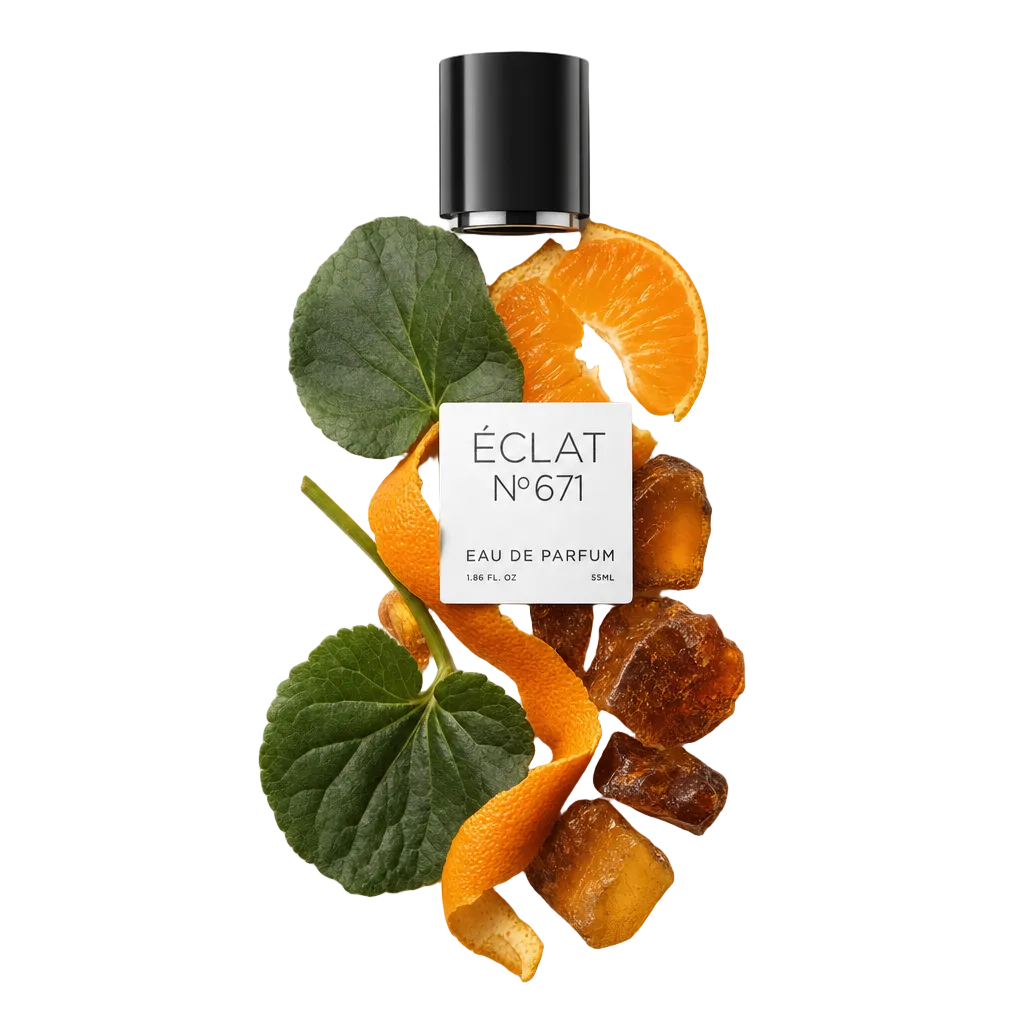 Kompozycja z segmentów i skórki mandarynki, liści geranium i żywicy bursztynowej otacza czarną nasadkę z etykietą ÉCLAT Synthetic Tangerine.