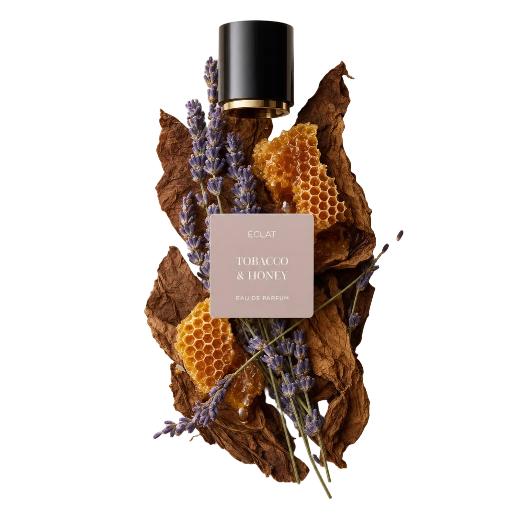 Aranżacja z suszonych liści tytoniu, złotego plastra miodu i gałązek lawendy otacza czarną nakrętkę ze złotym akcentem oznaczoną ÉCLAT Tobacco & Honey.