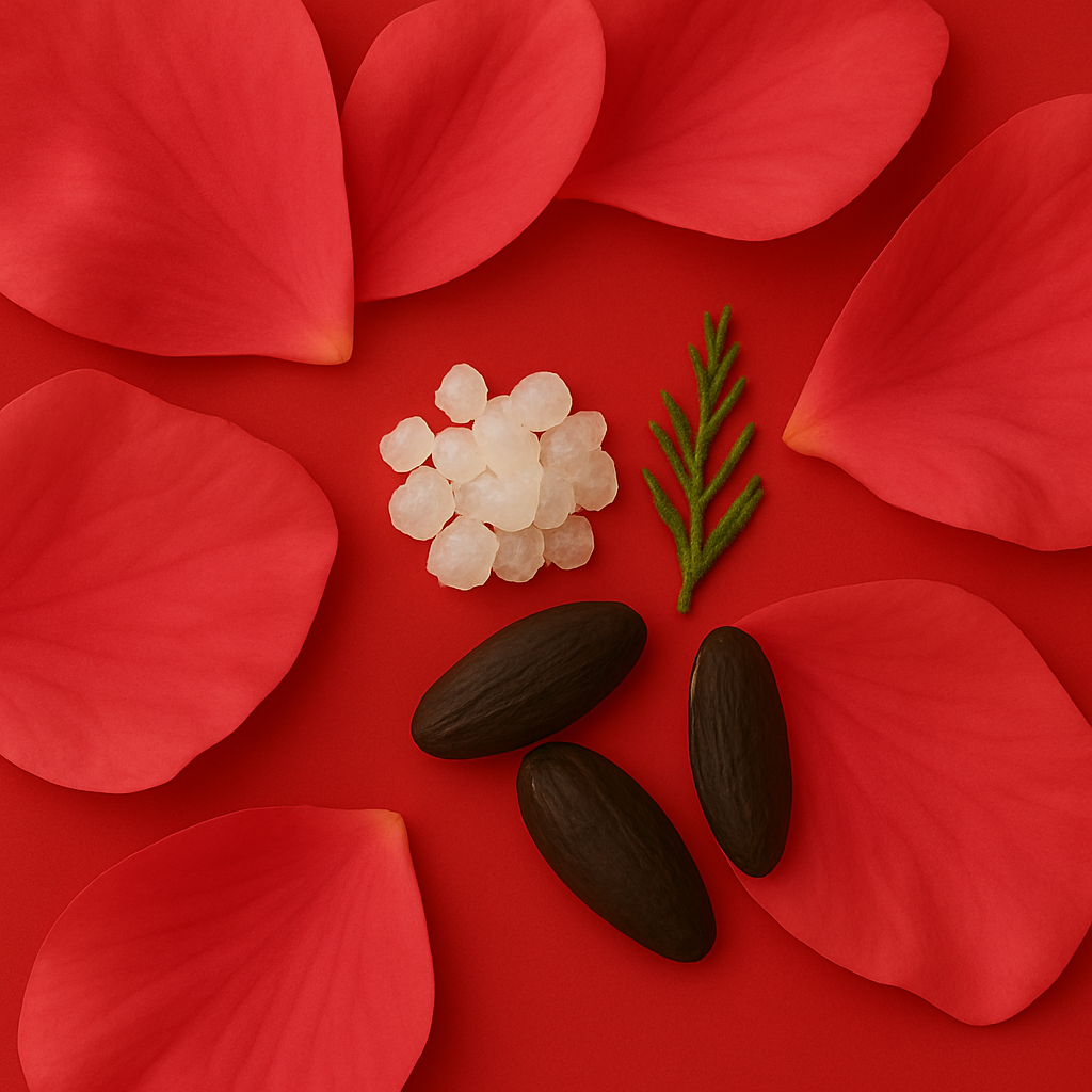 Rozrzucone płatki róż, białe kryształy, fasola tonka i zielona gałązka na czerwonym tle symbolizują ÉCLAT Tonka Bean & Musk.