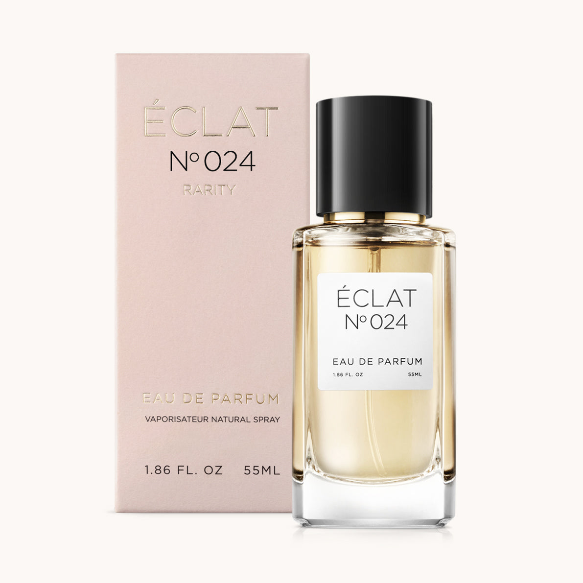Perfumy ÉCLAT RAR - Tuberose & Honey mają fasetowaną szklaną butelkę z czarną nakrętką, zaprezentowaną obok różowego pudełka.