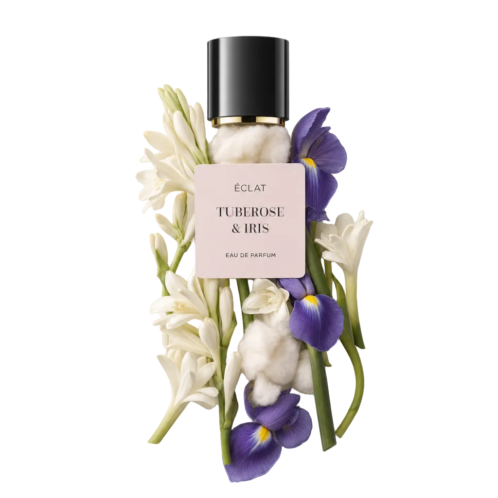 Kompozycja z kwiatów tuberozy i irysa z czarną nakrętką z etykietą ÉCLAT Tuberose & Iris.