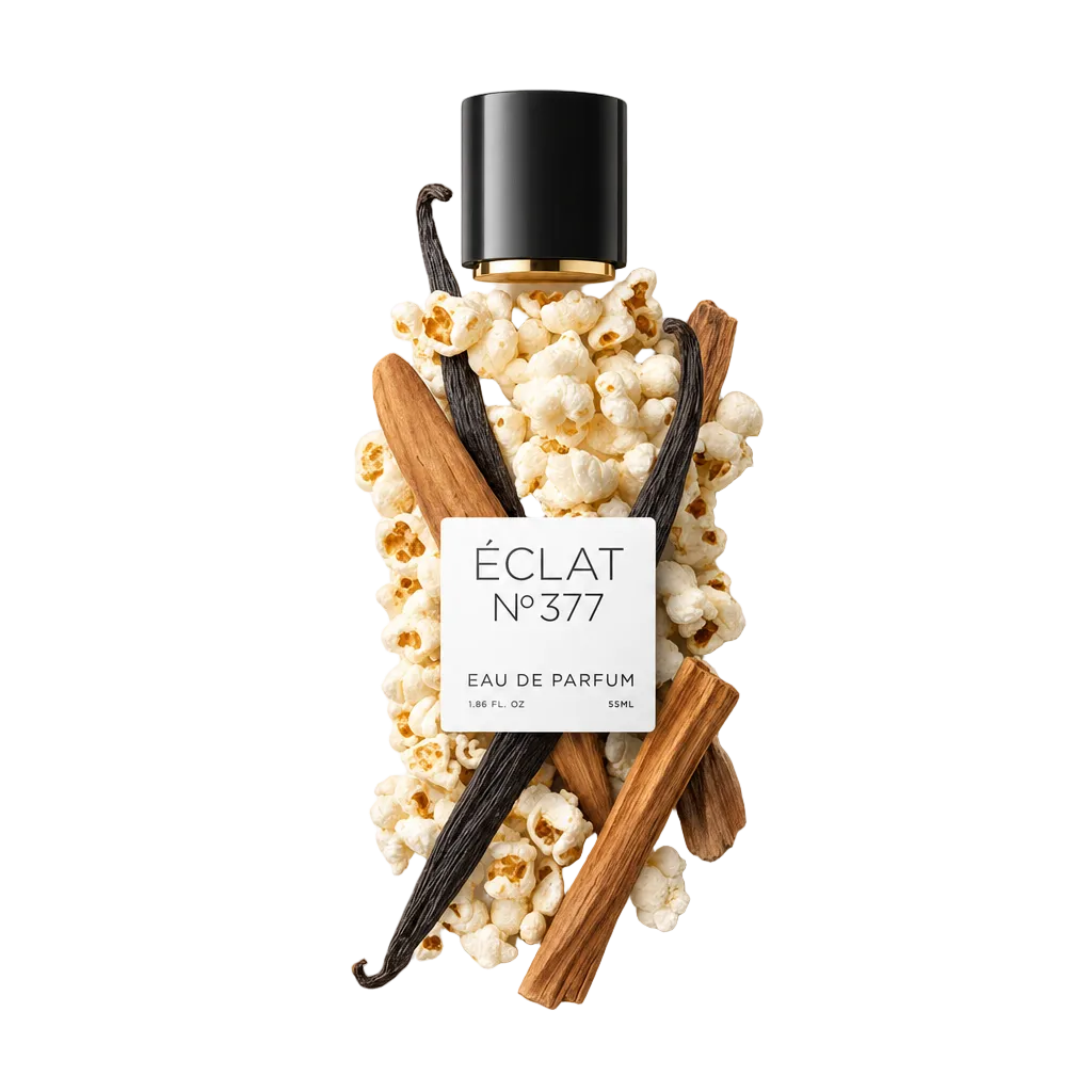 Aranżacja z popcornem, laskami wanilii i laskami cynamonu wokół czarnej zakrętki ÉCLAT Vanilla & Popcorn z etykietą.