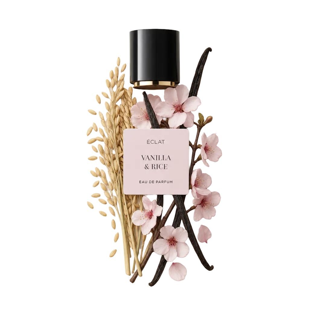 Artystycznie ułożone ziarna ryżu, laski wanilii i delikatne różowe kwiaty otaczają czarną nakrętkę z etykietą ÉCLAT Vanilla & Rice.