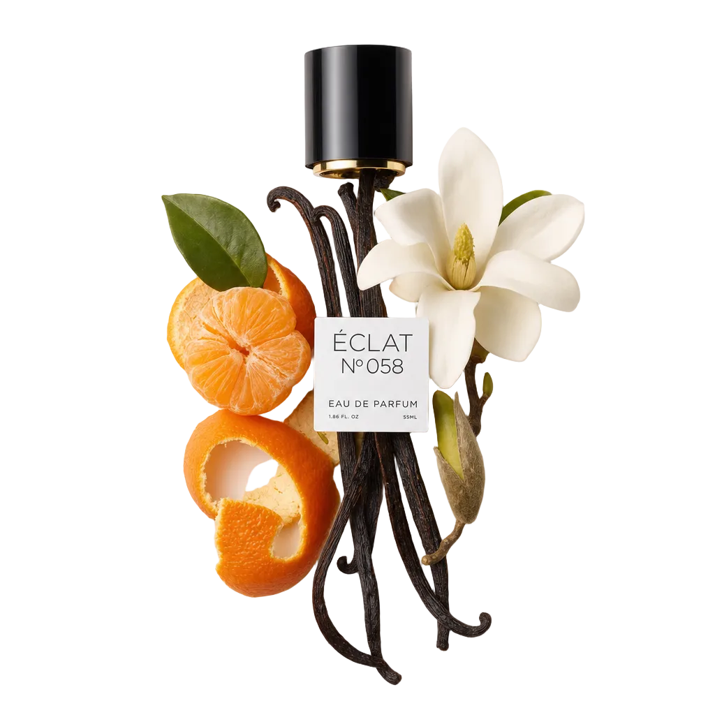 Aranżacja z lasek wanilii, obranego mandarynki i kwiatu magnolii, z czarną nakrętką noszącą etykietę ÉCLAT Vanilla & Tangerine.