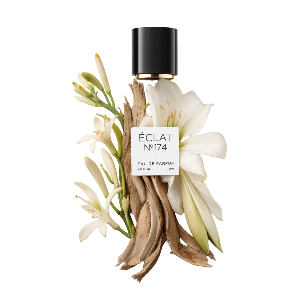 Kompozycja z białych amarylisów i lilii wodnych oraz kawałków drewna dryfującego otacza czarną nakrętkę z etykietą ÉCLAT White Amaryllis & Water Lily.