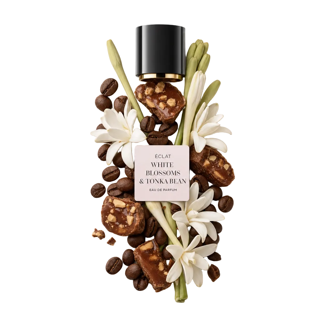 Aranżacja białych kwiatów, ziaren kawy i słodyczy w odcieniu karmelu otacza czarną nakrętkę z etykietą ÉCLAT White Blossoms & Tonka Bean.