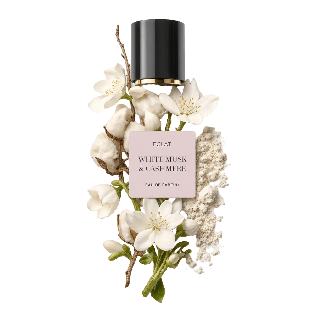 Kompozycja delikatnych białych kwiatów, kapsułek bawełny i drobnego proszku otacza etykietę ÉCLAT White Musk & Cashmere pod czarną nakrętką ze złotym akcentem.