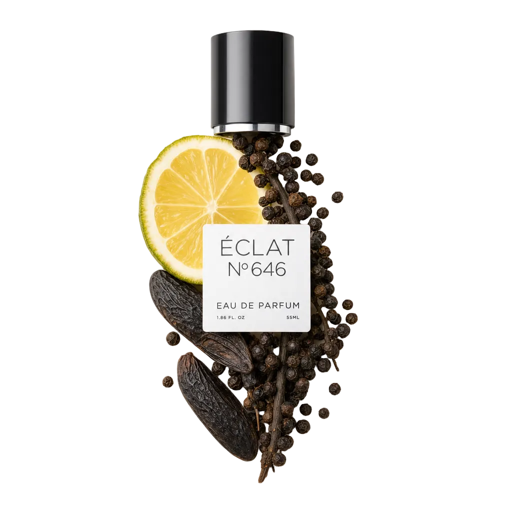 Kompozycja z plasterka cytryny, ziaren tonki i pieprzu otacza czarną nakrętkę z etykietą ÉCLAT Woody Tonka Bean.
