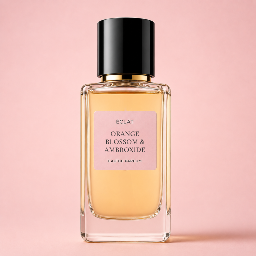 Perfumy ÉCLAT Orange Blossom & Ambroxide są prezentowane w fazowaną szklaną butelką z elegancką czarną nakrętką.
