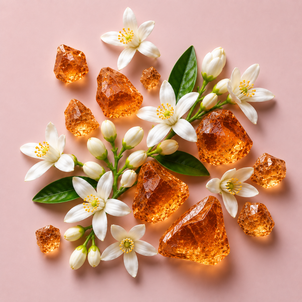 Układ fasetowanych kryształów w kolorze bursztynu z kwiatami pomarańczy i zielonymi liśćmi na miękkim różowym tle, reprezentujący ÉCLAT Orange Blossom & Ambroxide.