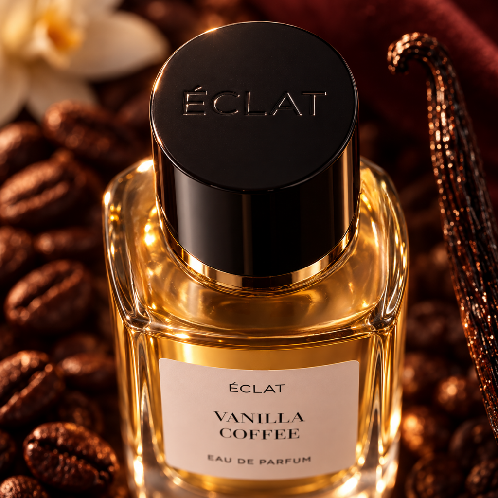 Fasetowana szklana fiolka ÉCLAT Vanilla Coffee z czarną nakrętką, otoczona ziarnami kawy i strąkami wanilii.