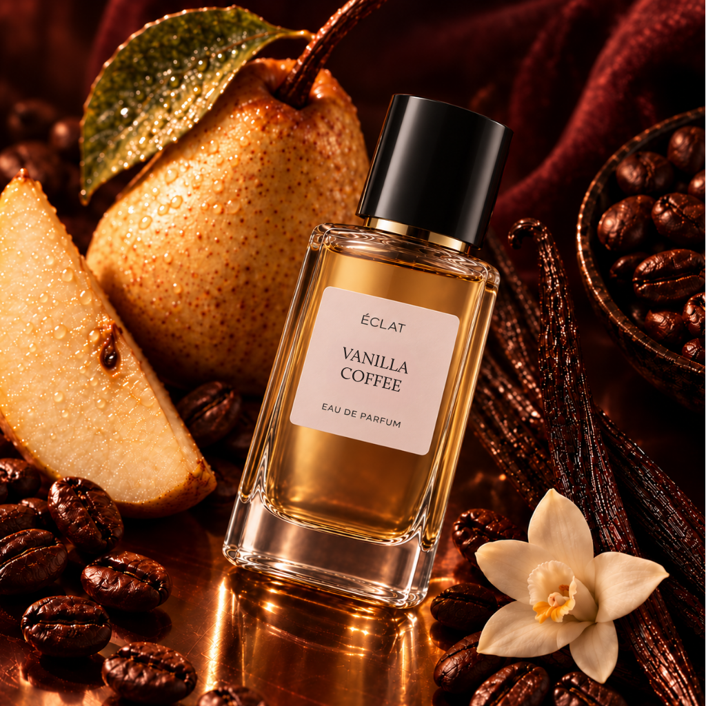 Szklana butelka ÉCLAT Vanilla Coffee z czarną nakrętką, otoczona gruszką, ziarnami kawy, laskami wanilii i kwiatem wanilii na miedzianej powierzchni.